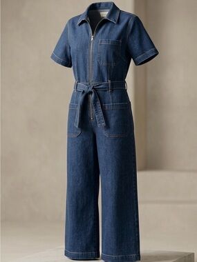 ANTHROPOLOGIE “The Collette” Dark Blue Denim Zip-Front Overalls with Tie Waist